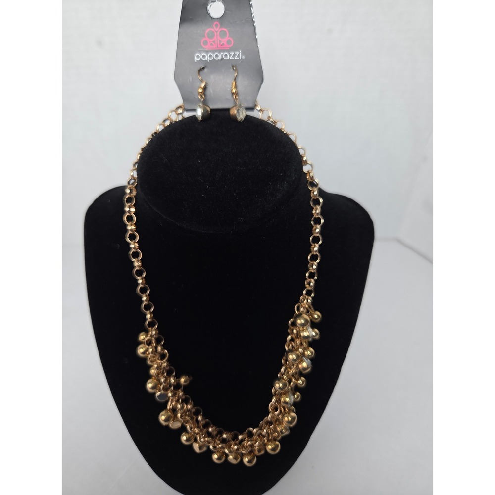 Paparazzi Necklace Set Womens OS Gold Bead Rhinestone Statement Jewelry